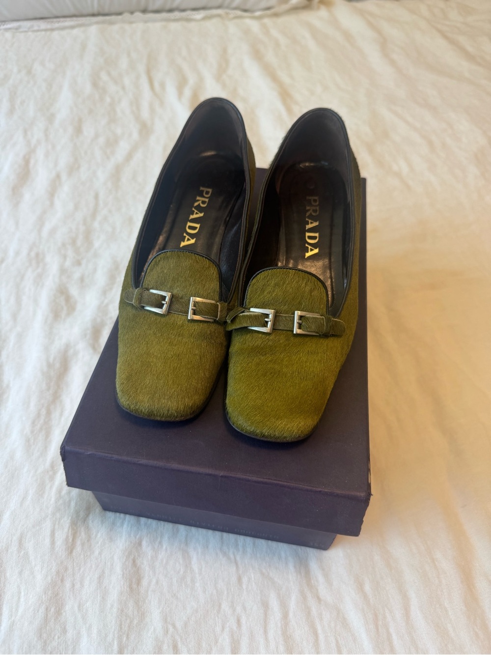 Prada Olive Haircalf Buckle Loafers